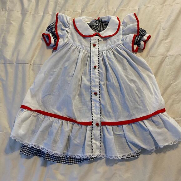 Vintage Winnie The Pooh Dress 2T Black White Gingham Pinafore USA Made Lace - Picture 1 of 16